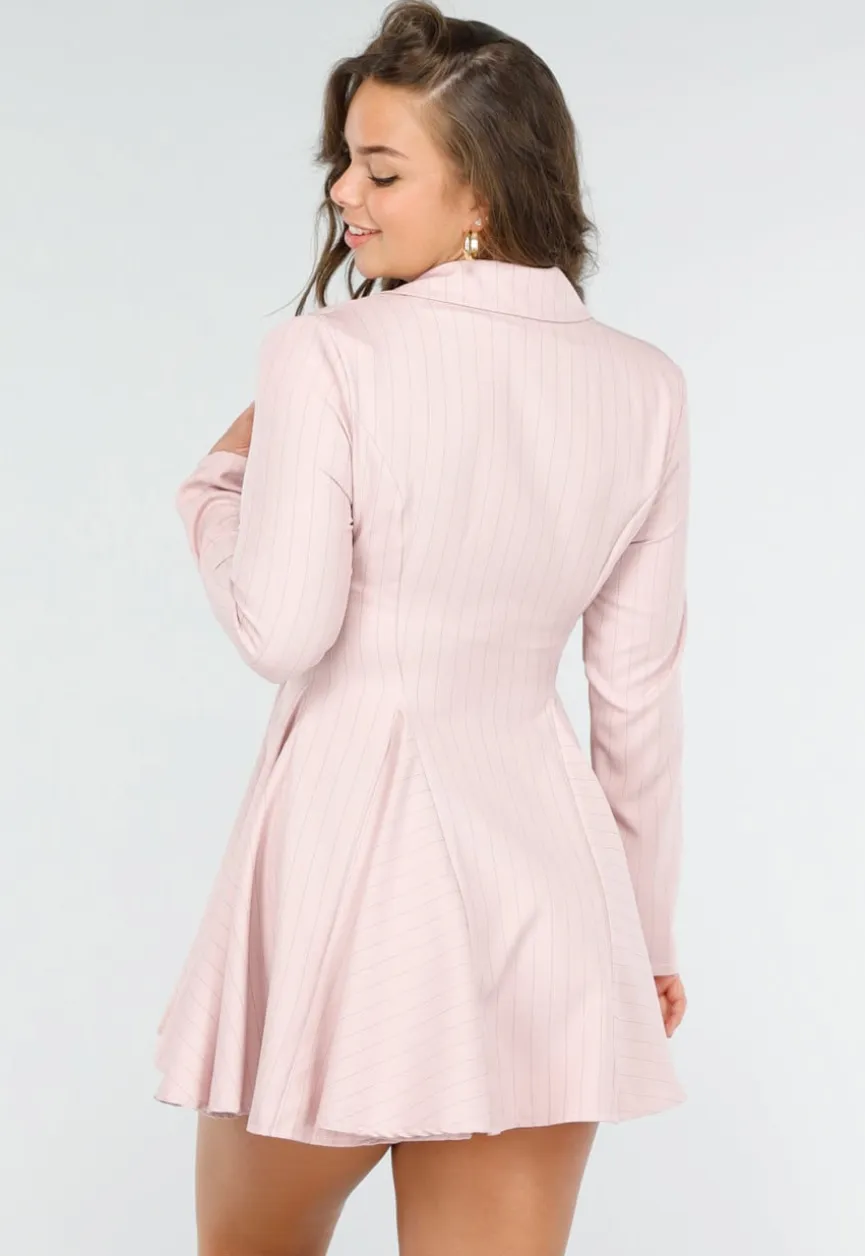 Roze Pinstripe Blazerjurk met Lange Mouwen, Kraag en Knoopsluiting