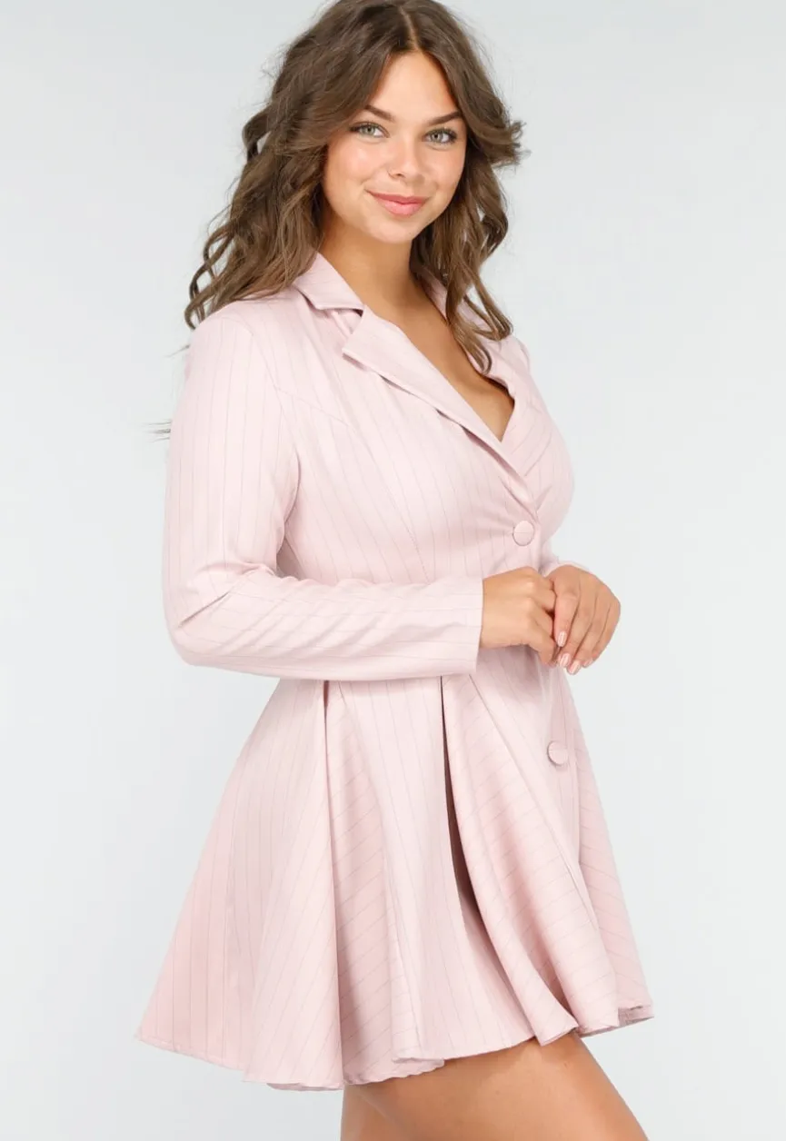 Roze Pinstripe Blazerjurk met Lange Mouwen, Kraag en Knoopsluiting