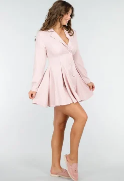 Roze Pinstripe Blazerjurk met Lange Mouwen, Kraag en Knoopsluiting