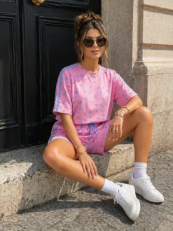 Roze Polkadot Two Piece Set met T-Shirt en Shorts