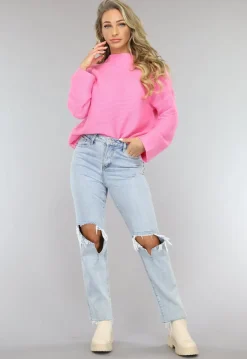 Roze Rib Gebreide Trui met Hoge Hals