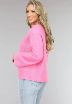 Roze Rib Gebreide Trui met Hoge Hals