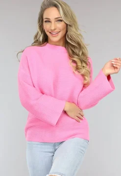 Roze Rib Gebreide Trui met Hoge Hals