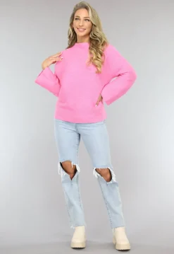 Roze Rib Gebreide Trui met Hoge Hals