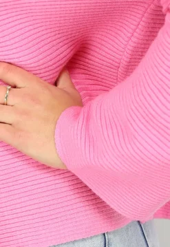 Roze Rib Gebreide Trui met Hoge Hals