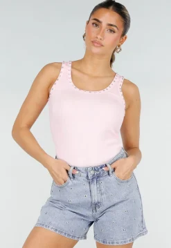 Roze Rib Tank Top met Glitters en Aansluitende Pasvorm