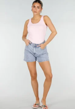 Roze Rib Tank Top met Glitters en Aansluitende Pasvorm