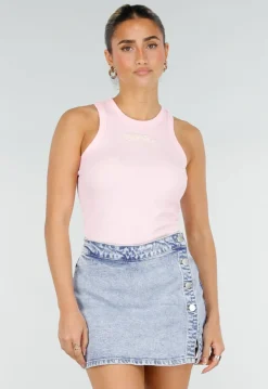 Roze Rib Tanktop met Racerback en Gele Tekst
