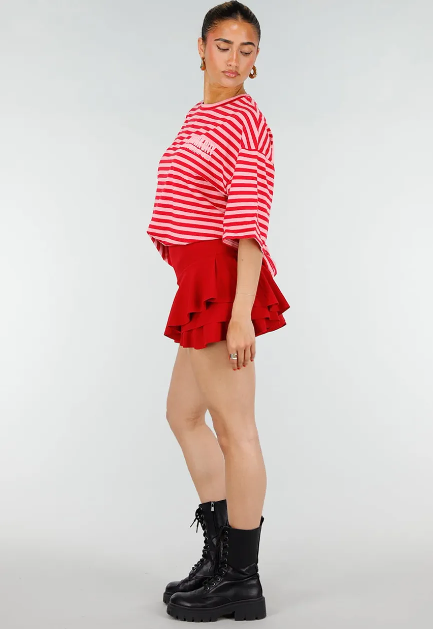 Roze Rode Gestreepte Oversized T-shirt met Tekstprint