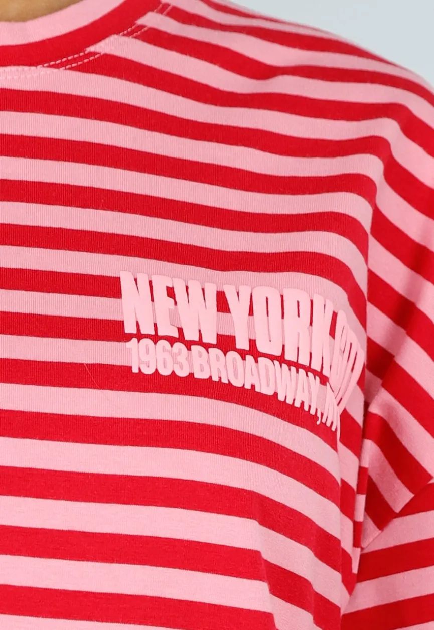 Roze Rode Gestreepte Oversized T-shirt met Tekstprint