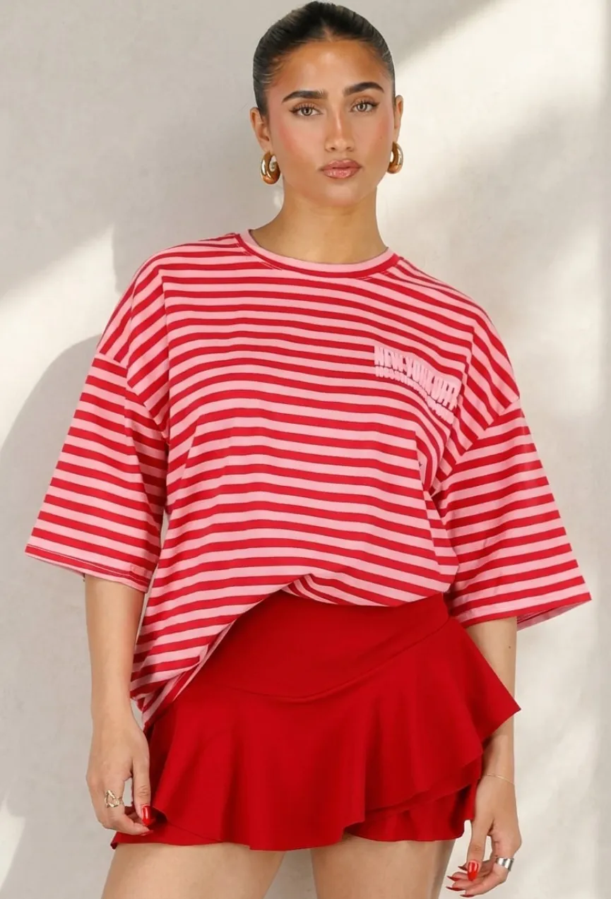Roze Rode Gestreepte Oversized T-shirt met Tekstprint