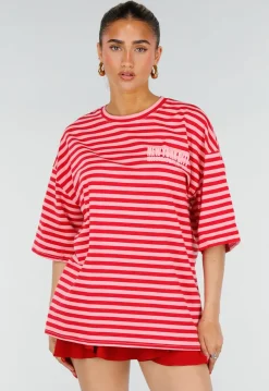 Roze Rode Gestreepte Oversized T-shirt met Tekstprint