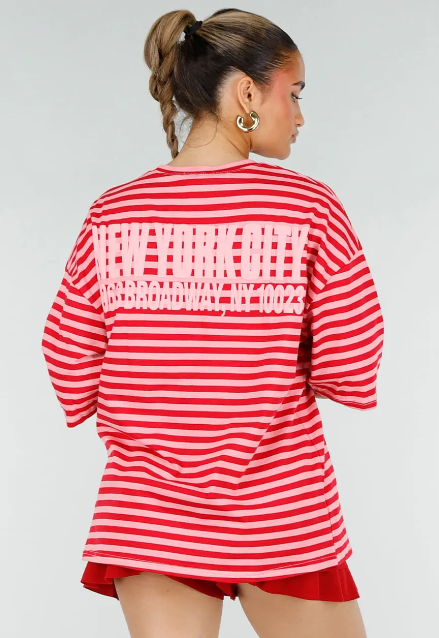 Roze Rode Gestreepte Oversized T-shirt met Tekstprint