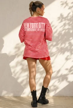 Roze Rode Gestreepte Oversized T-shirt met Tekstprint
