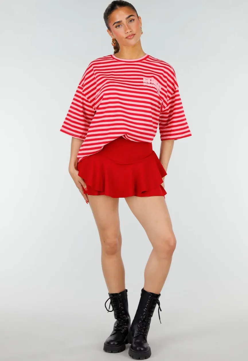 Roze Rode Gestreepte Oversized T-shirt met Tekstprint