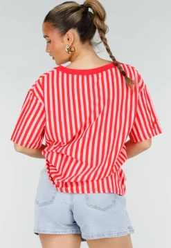 Roze Rode Gestreepte Oversized T-shirt met V-hals