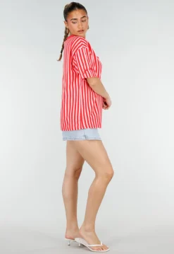Roze Rode Gestreepte Oversized T-shirt met V-hals
