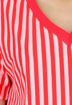 Roze Rode Gestreepte Oversized T-shirt met V-hals
