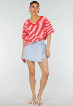 Roze Rode Gestreepte Oversized T-shirt met V-hals
