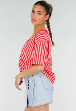 Roze Rode Gestreepte Oversized T-shirt met V-hals