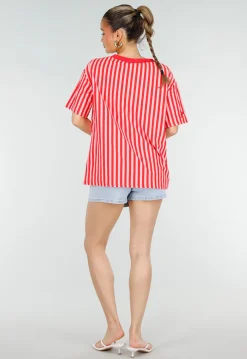 Roze Rode Gestreepte Oversized T-shirt met V-hals