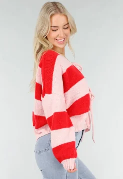 Roze Rood Gestreept Vest met Striksluiting en Losvallende Pasvorm