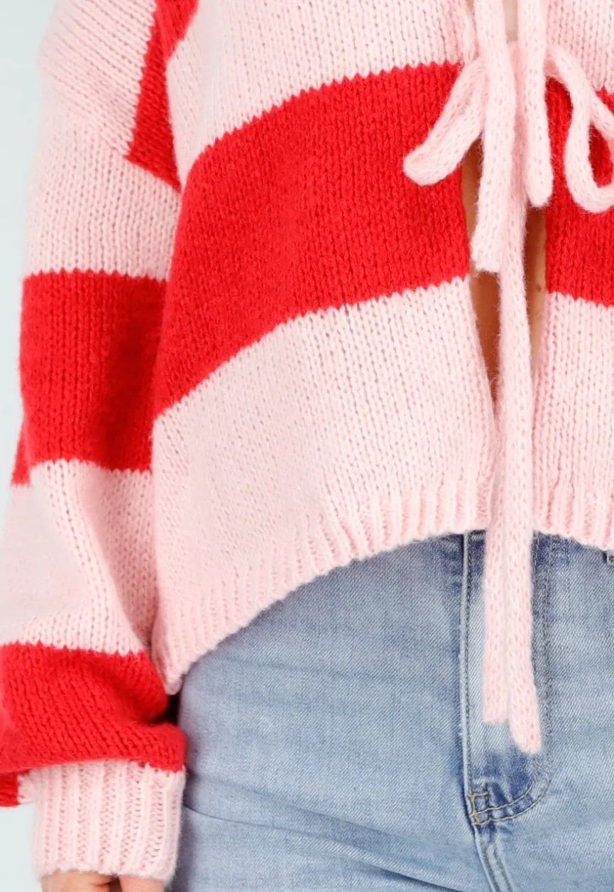 Roze Rood Gestreept Vest met Striksluiting en Losvallende Pasvorm