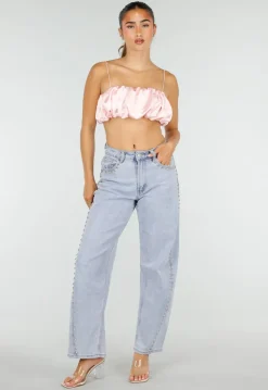 Roze Satijnen Cropped Top met Spaghettibandjes en Geplooid Detail