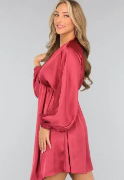 Roze Satijnen Jurk met Pofmouwen