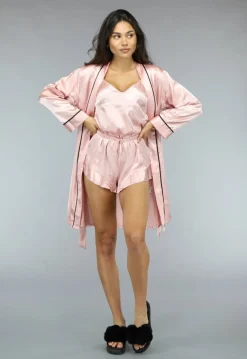 Roze Satijnen 3-Piece Pyjama met Kimono
