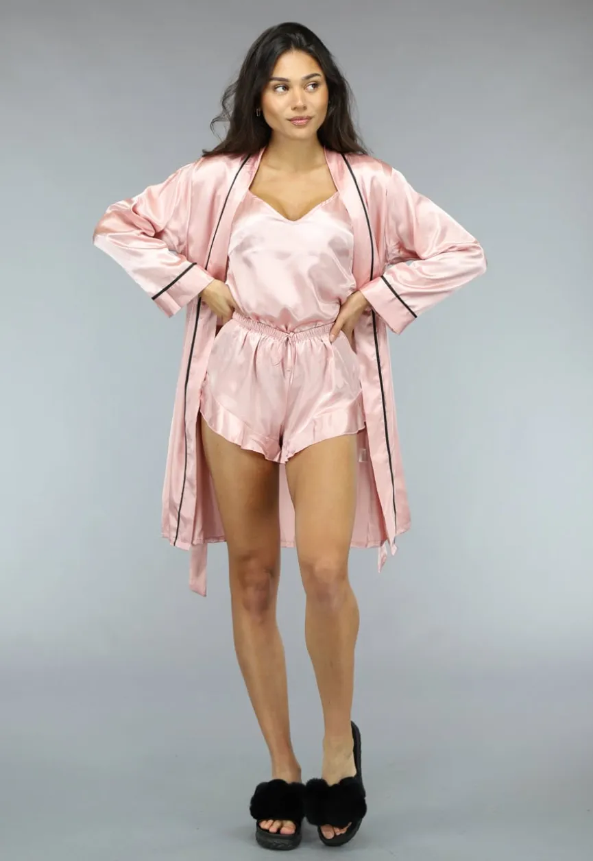 Roze Satijnen 3-Piece Pyjama met Kimono