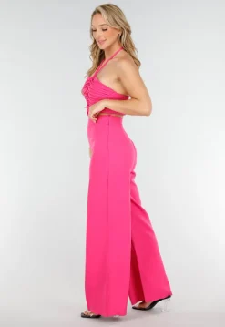 Roze Set met Geplooide Halter Crop Top en Wijde High Waist Broek