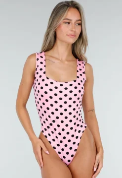 Roze Stretch Body met Zwarte Polkadots en Vierkante Hals