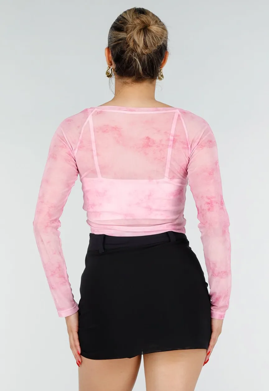 Roze Stretch Mesh Crop Top met Losse Top en Pads