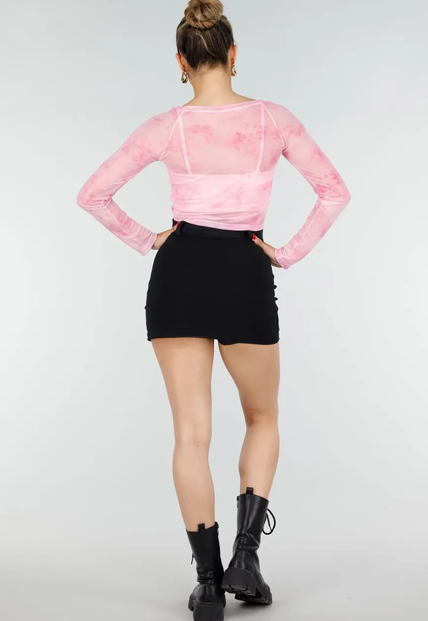 Roze Stretch Mesh Crop Top met Losse Top en Pads