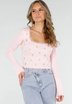 Roze Stretch Rib Top met Teddybeertjes en Vierkante Halslijn