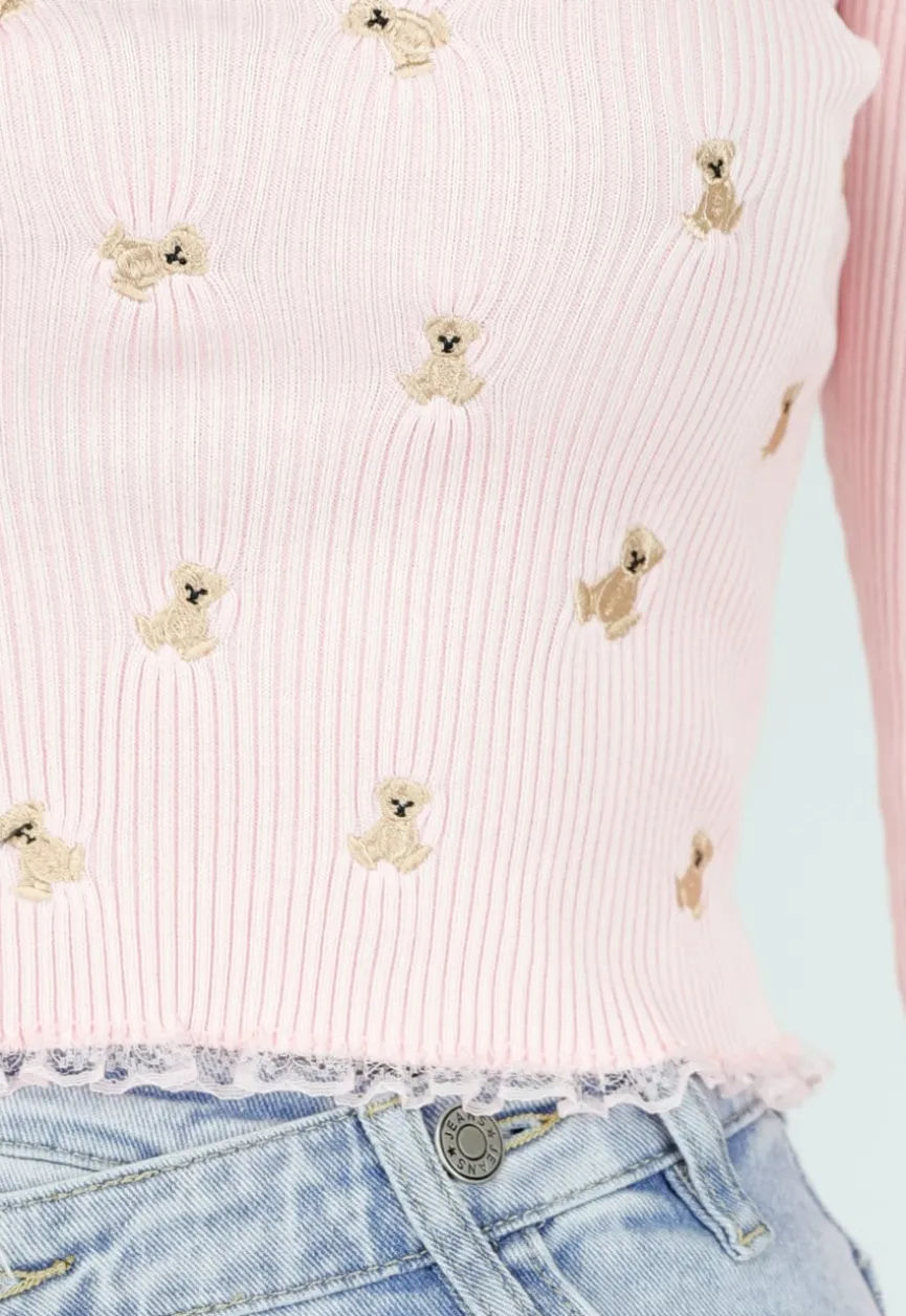 Roze Stretch Rib Top met Teddybeertjes en Vierkante Halslijn