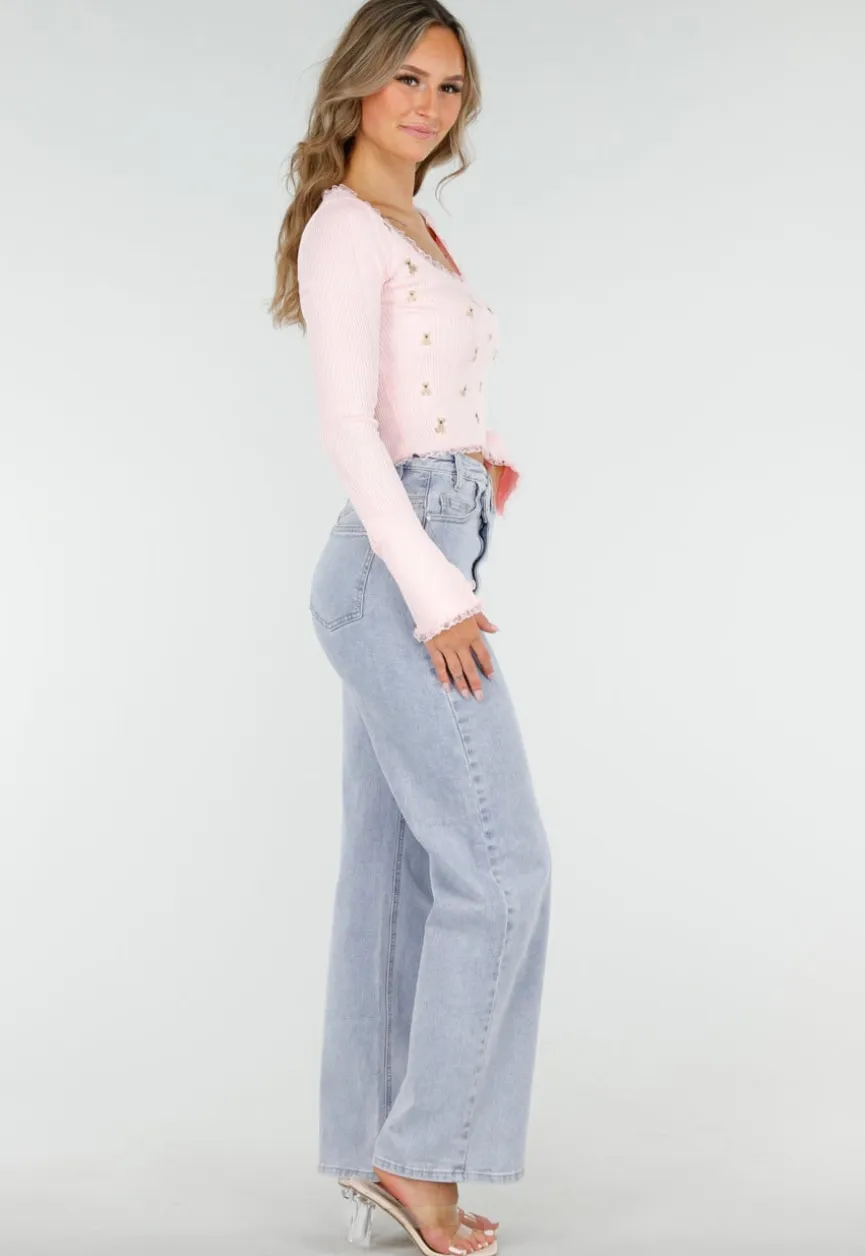 Roze Stretch Rib Top met Teddybeertjes en Vierkante Halslijn