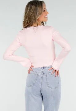 Roze Stretch Rib Top met Teddybeertjes en Vierkante Halslijn