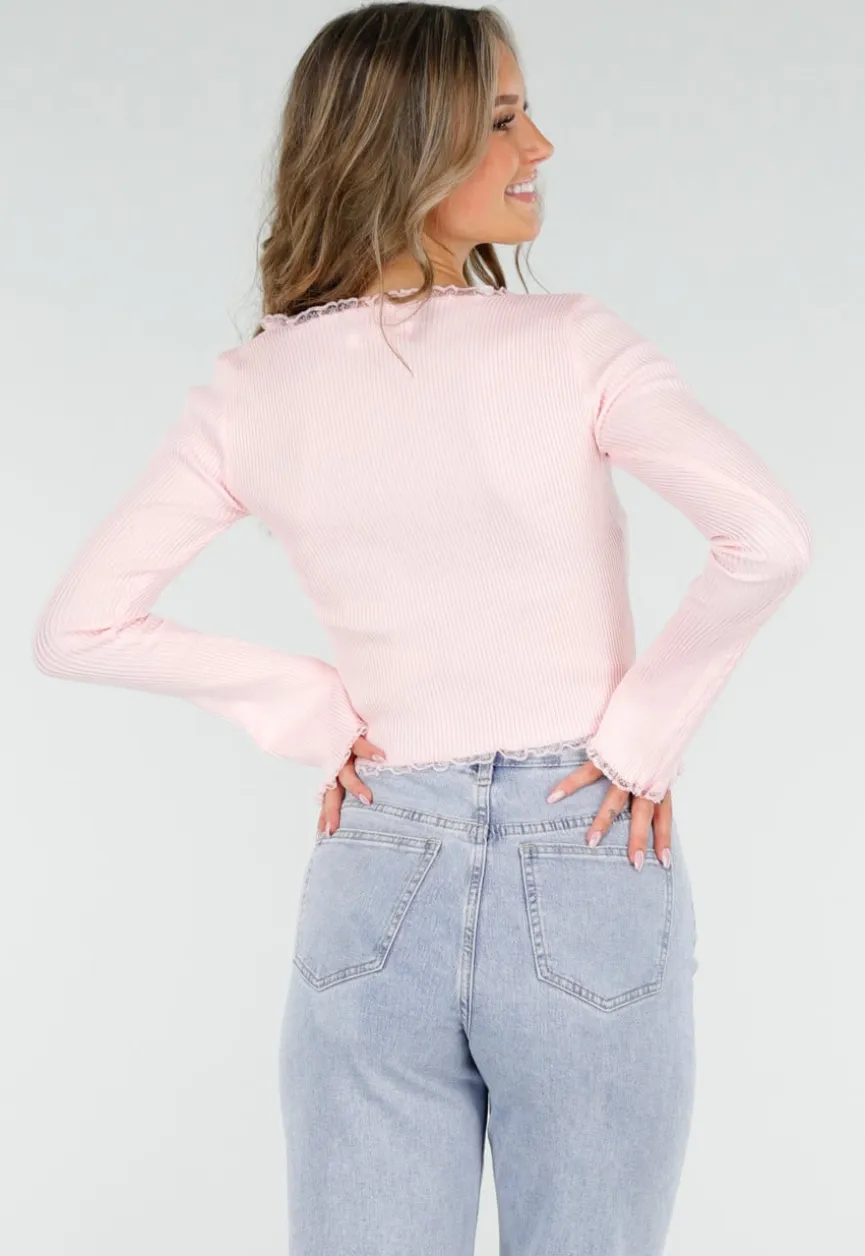Roze Stretch Rib Top met Teddybeertjes en Vierkante Halslijn