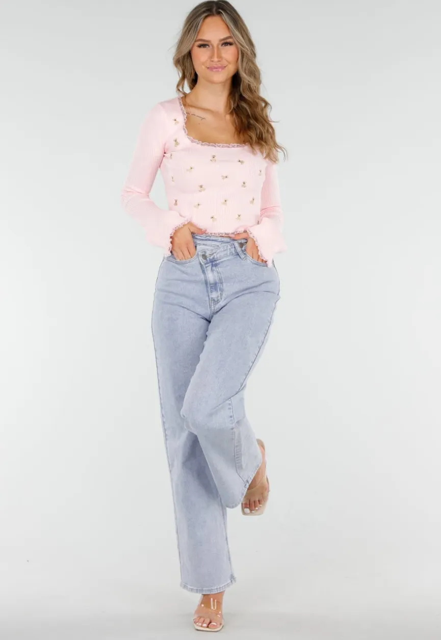 Roze Stretch Rib Top met Teddybeertjes en Vierkante Halslijn