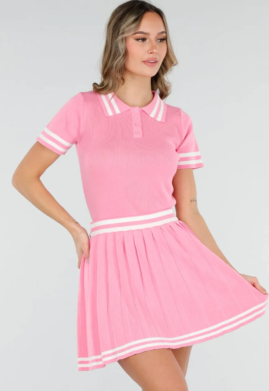 Roze Stretch Set met Polo Top en Plissé Rok