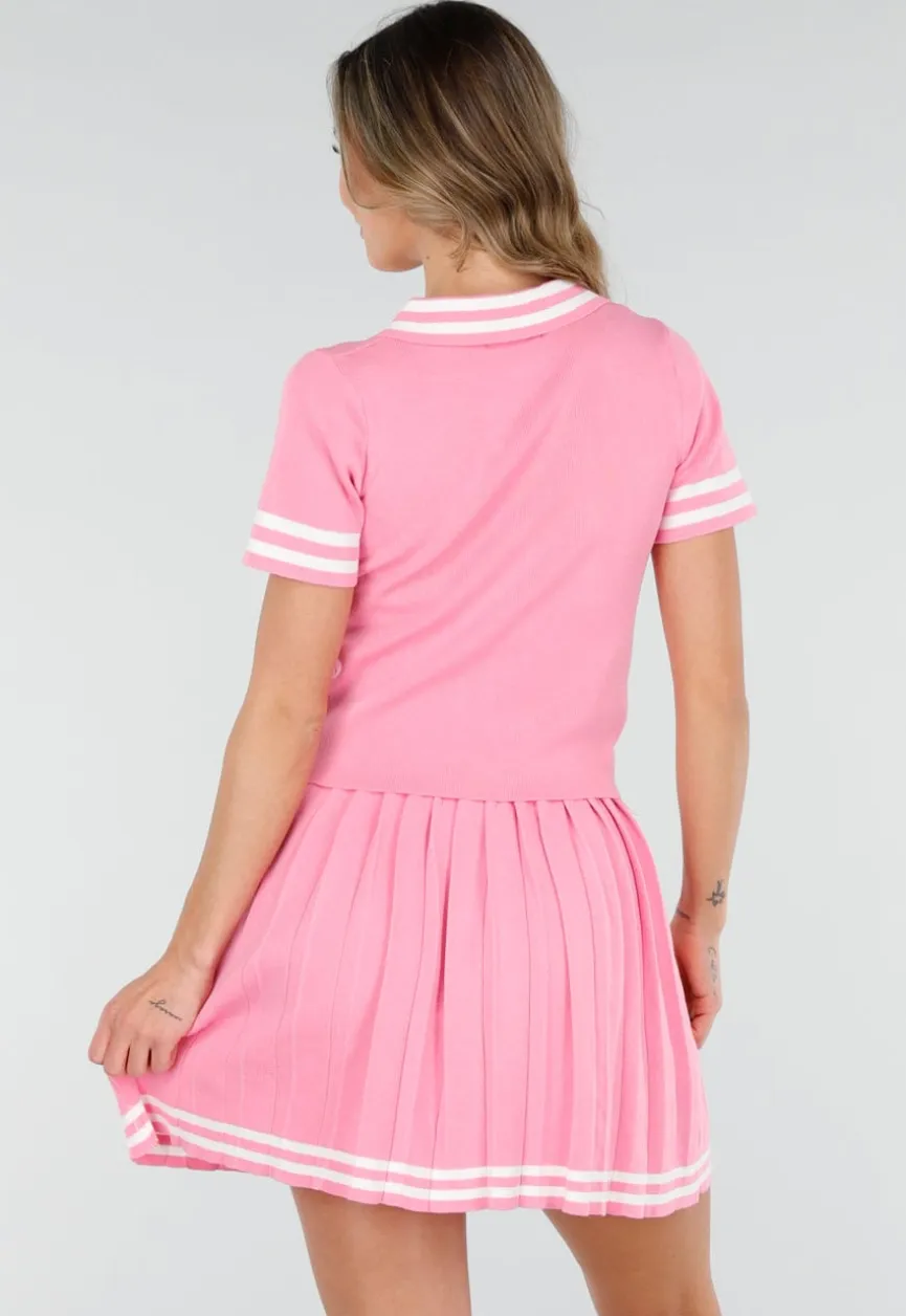 Roze Stretch Set met Polo Top en Plissé Rok