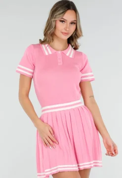 Roze Stretch Set met Polo Top en Plissé Rok