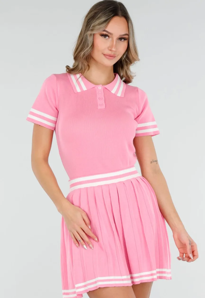 Roze Stretch Set met Polo Top en Plissé Rok