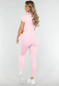 Roze Stretch Sport Jumpsuit met Ritssluiting en Korte Mouwen