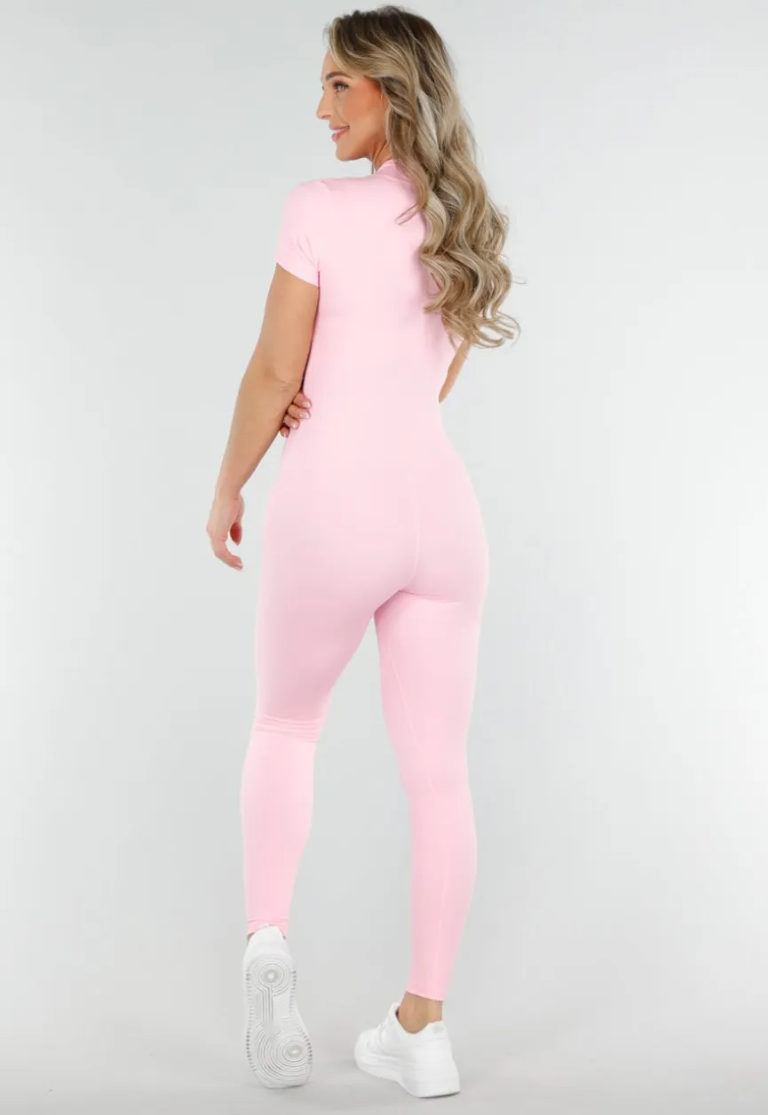 Roze Stretch Sport Jumpsuit met Ritssluiting en Korte Mouwen