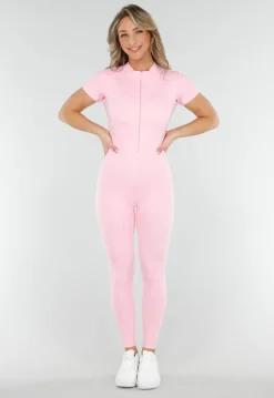 Roze Stretch Sport Jumpsuit met Ritssluiting en Korte Mouwen