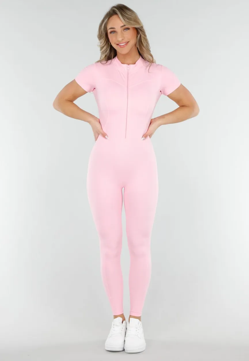 Roze Stretch Sport Jumpsuit met Ritssluiting en Korte Mouwen