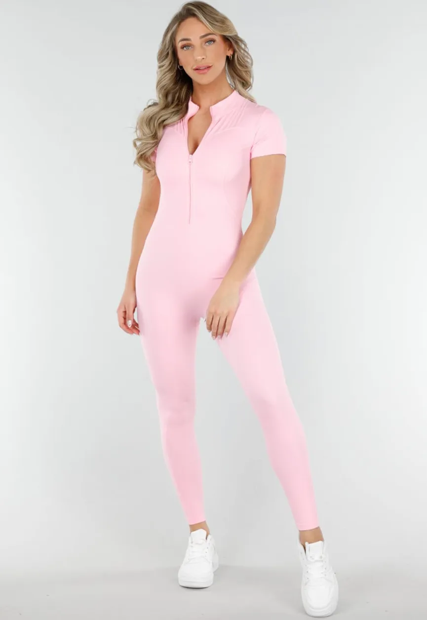 Roze Stretch Sport Jumpsuit met Ritssluiting en Korte Mouwen